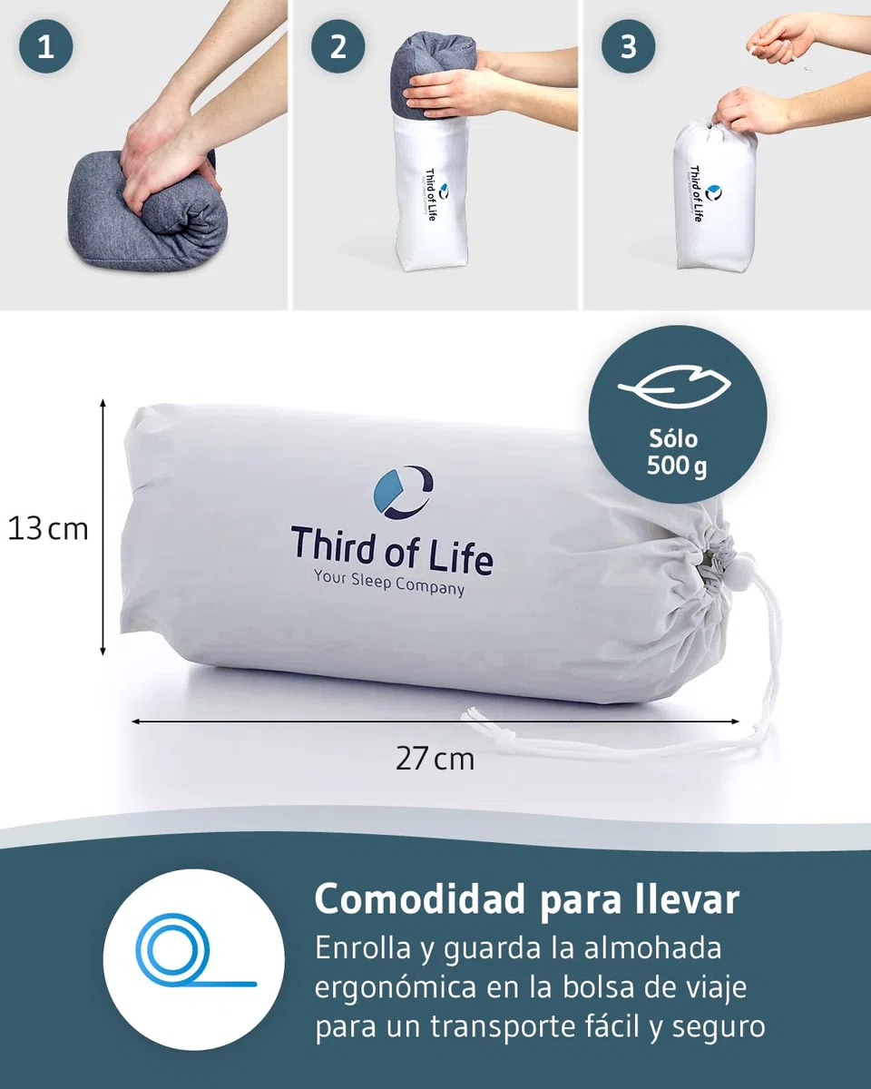 Third of Life Almohada de Viaje Volar Quickdry | Almohada Pequeña Ergonómica Viscoelástica | Funda Gris con Termorregulación y Secado Rápido | Cojín pequeño Tren, avión y Coche | Almohada Camping