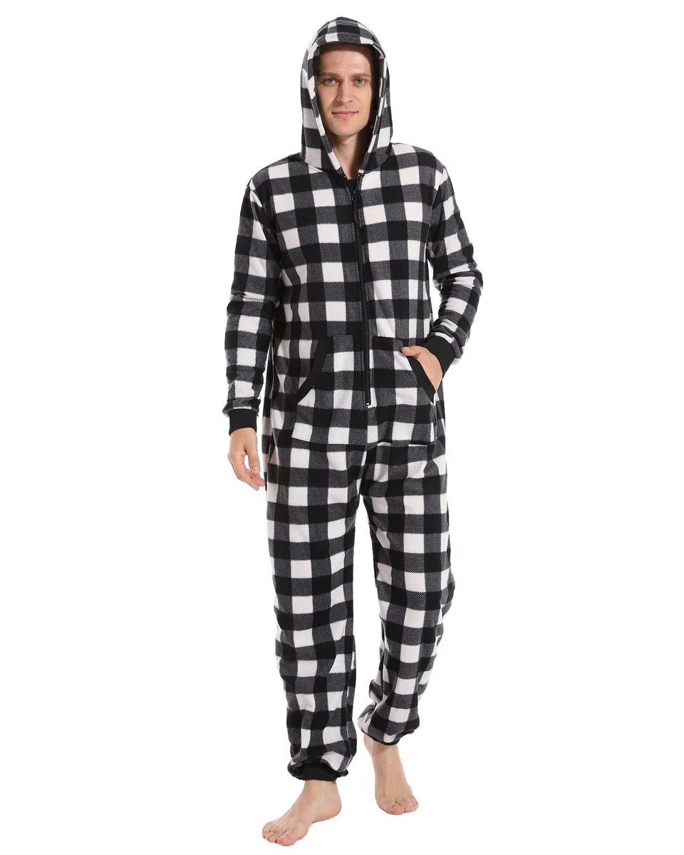 Pijama Adulto Cuadros Onesie de Navidad Mono con Capucha y Cremallera Familia Homewear Sleepwear Mujeres Hombres