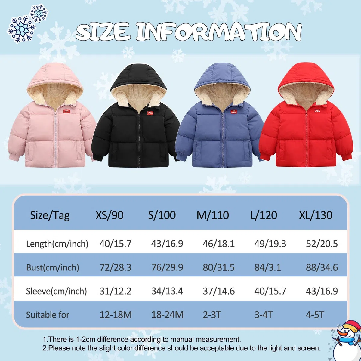 Kids4ever Abrigo de invierno para bebés y niñas, chaqueta con capucha y cremallera, resistente al viento, forro polar cálido, traje de nieve con dos bolsillos, 12 meses-5 años
