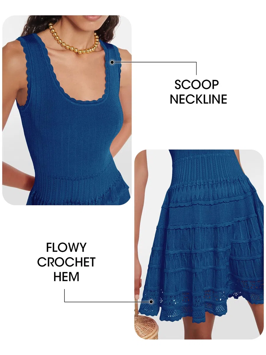 Wenrine Minivestido de verano para mujer, sin mangas, de punto, cuello redondo, casual, dobladillo de ganchillo, delgado, lindo vestido sin mangas