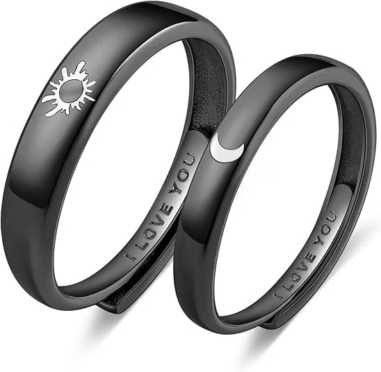 Beydodo 2piezas Anillos de Parejas,Anillo Ajustable Plata de Ley Grabado Luna Sol Anillos Compromiso Anillo Parejas Ajustable Negro