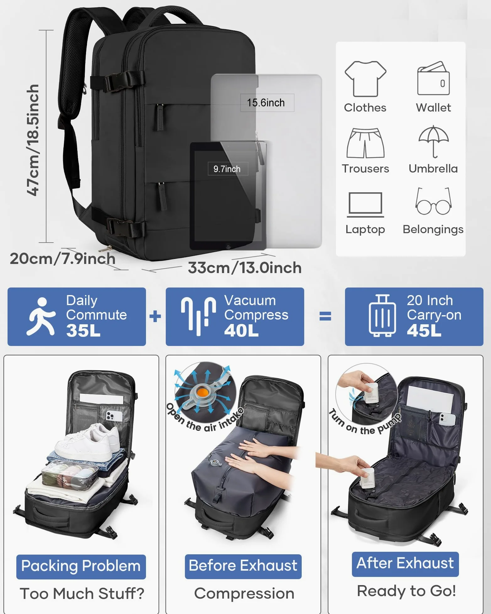 SZLX Mochila al Vacio con Bomba Mochila Viaje Cabina Avion 40x30x20 Ryanair Vueling Wizzair Equipaje de Mano 40x30x20 Mochila Viaje 40x20x25 Maletas Cabina 45x36x20 Easyjet para Portatil Mujer Hombre