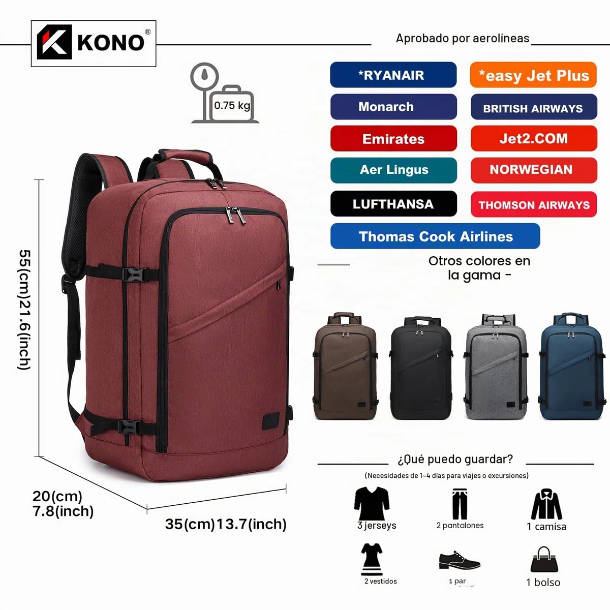 Kono Mochila Cabina 55x35x20cm Bolsa de Viaje Grande Bandolera Portátil 38L (Rojo)
