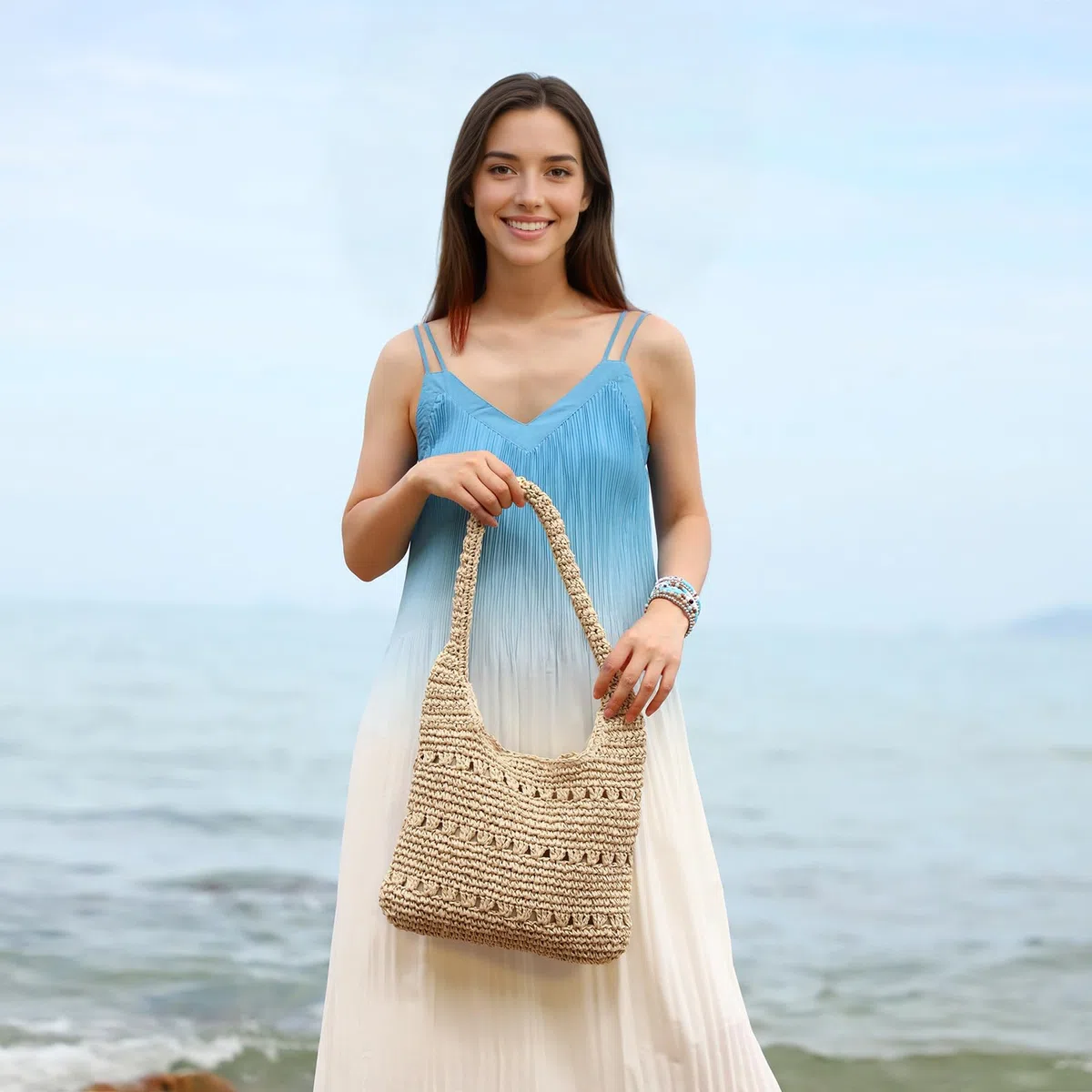 Mujeres verano paja bolsos tejidos playa viaje bolso de hombro vacaciones bolso de mano