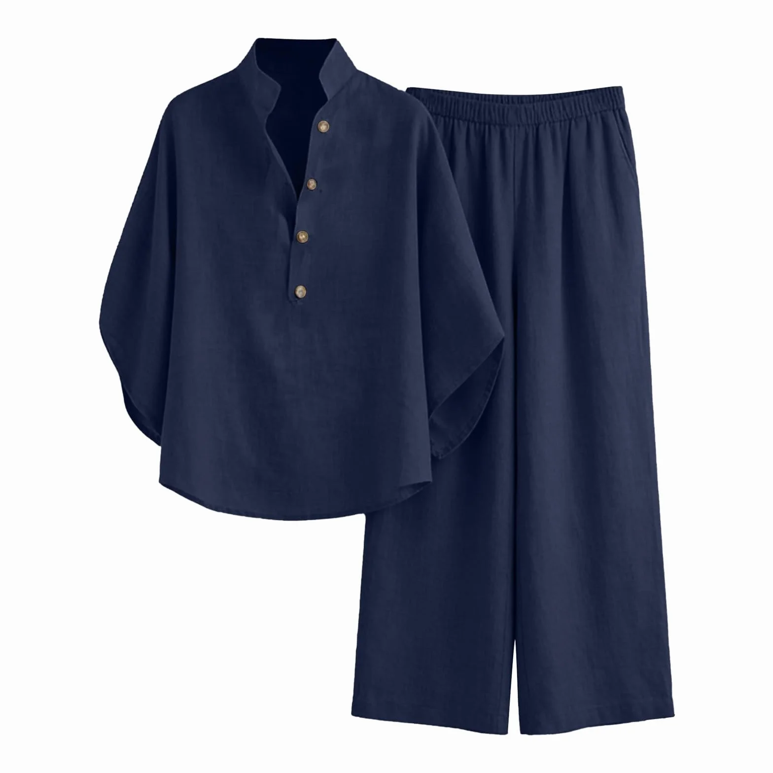 Summer Co Ord - Conjuntos de 2 piezas para mujer, ropa de algodón y lino, cuello en V, manga 3/4, pantalones de pierna ancha con bolsillo, conjuntos de ropa de descanso para mujer