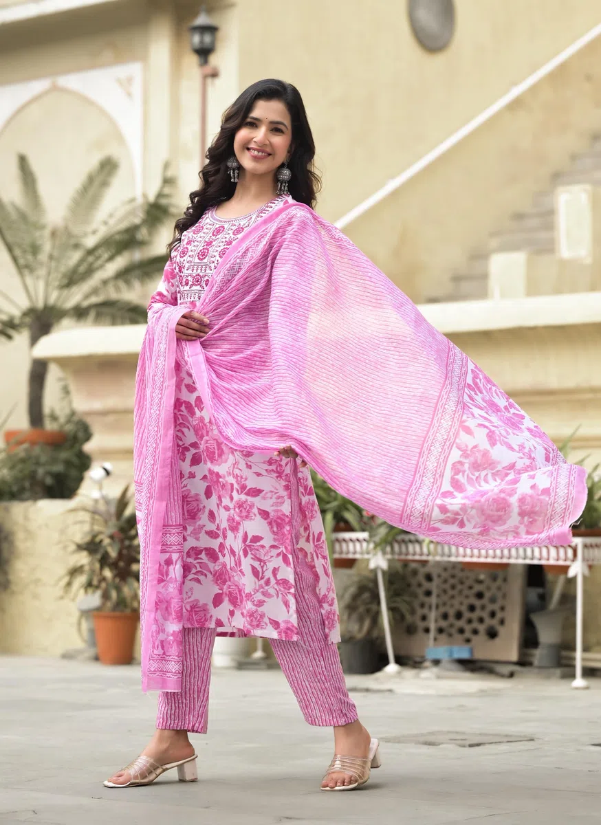 KLOSIA Conjunto de Kurta y pantalón con estampado floral recto para mujer con Dupatta | Conjunto étnico | Conjunto Dupatta | Conjunto de traje | Conjunto de Kurta | Traje de boda |