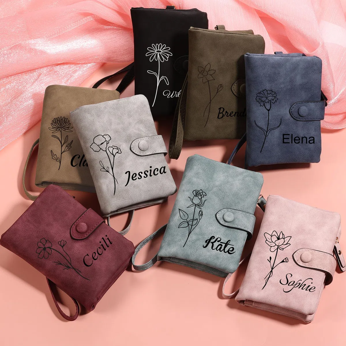 MeMeDIY Personalizado Cuero Carteras de Mujer con Monedero con Cremallera con Pulsera Cartera Pequeña Mujer con Nombre y Flor de Nacimiento Regalos para Novia Esposa Día de la Madre - Rosa