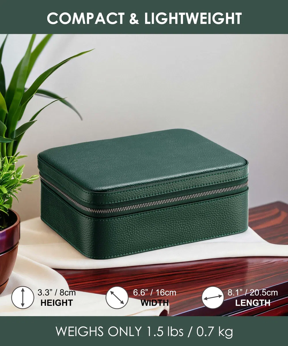 Caja de cuero auténtico para hombre, estuche de viaje con compartimento para gafas, bolsa de transporte de piel auténtica granulada para 3 relojes, rollo de viaje, cremallera (verde)