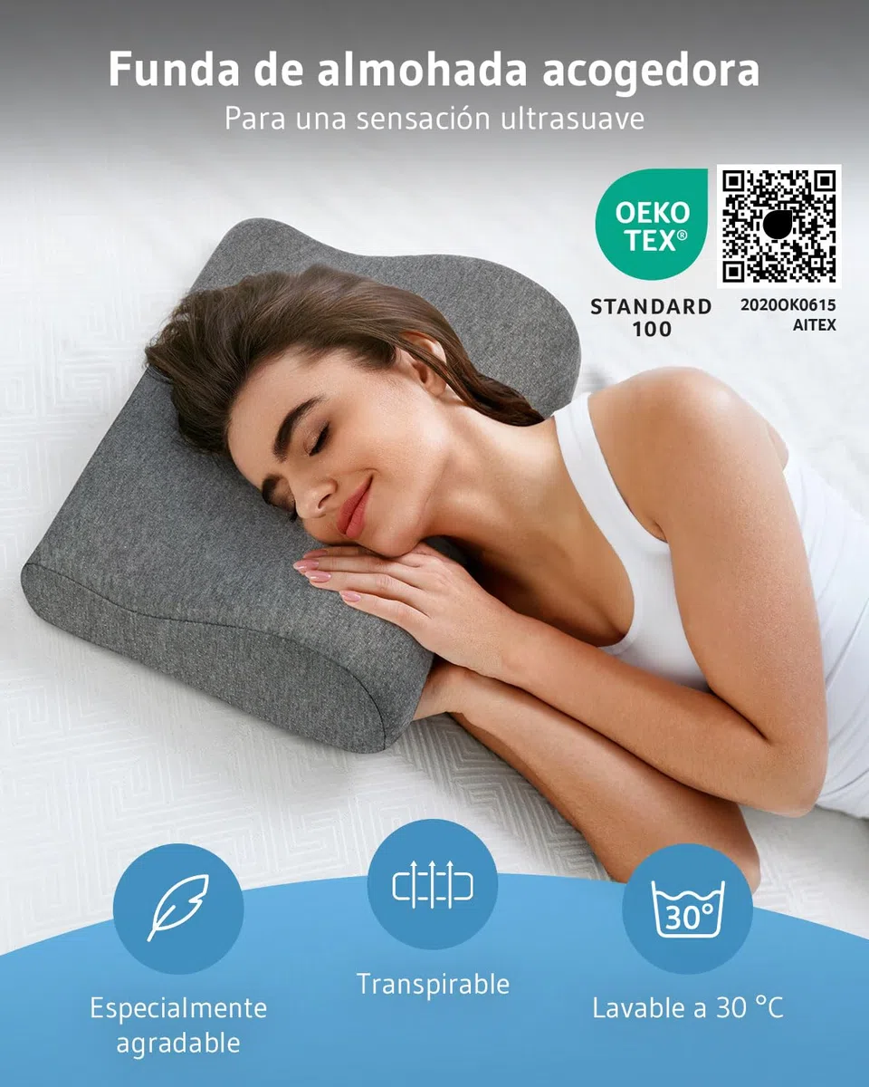 Almohada de viaje ONDA, almohada cervical espuma de memoria, cojín ergonómico contra el dolor de cuello, almohada viscoelástica antiácaros. Cojín pequeño para avión, coche, tren y camping