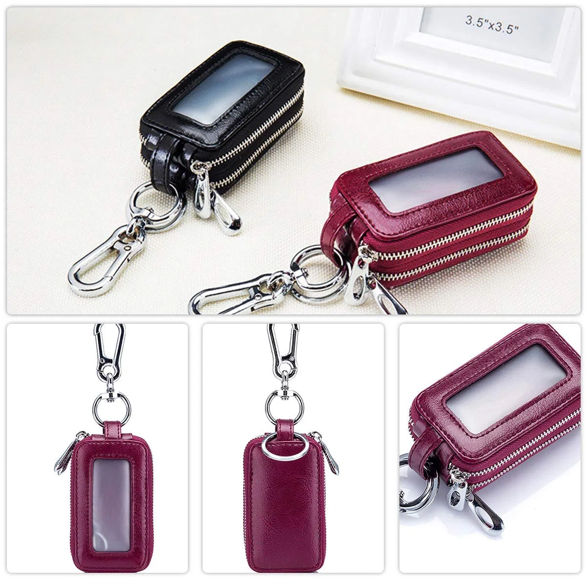 Llaveros de Cuero Genuino para Coche, Llavero, portátil, Llavero, Retro, Impermeable, Doble Bolsa con Cremallera para Hombres y Mujeres, Morado, Large