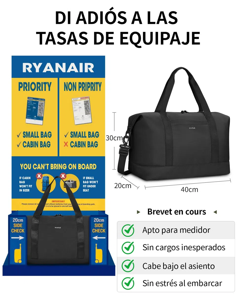 ECOHUB Bolsa de Viaje 40x30x20, para Ryanair Vueling Wizzair, Equipaje de Mano Impermeable, Bolsos Plegable con Húmedo Extraíble, Bolsas Deporte Gimnasio Mujer, Patente Pendiente 24L (Negro)