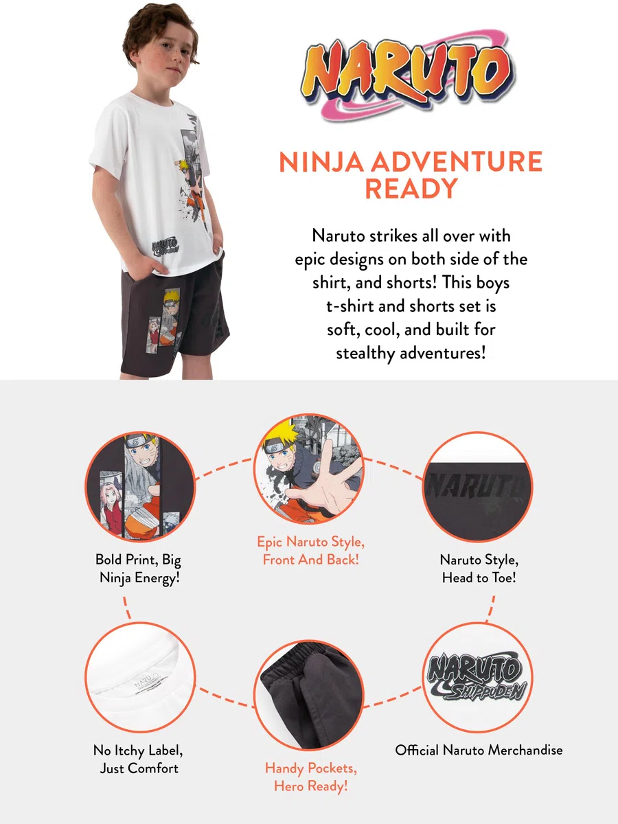Naruto Set De Camiseta Niño Y Pantalón Corto, Anime Merch Camiseta Manga Corta Y Shorts, Conjunto De Ropa Para Niño