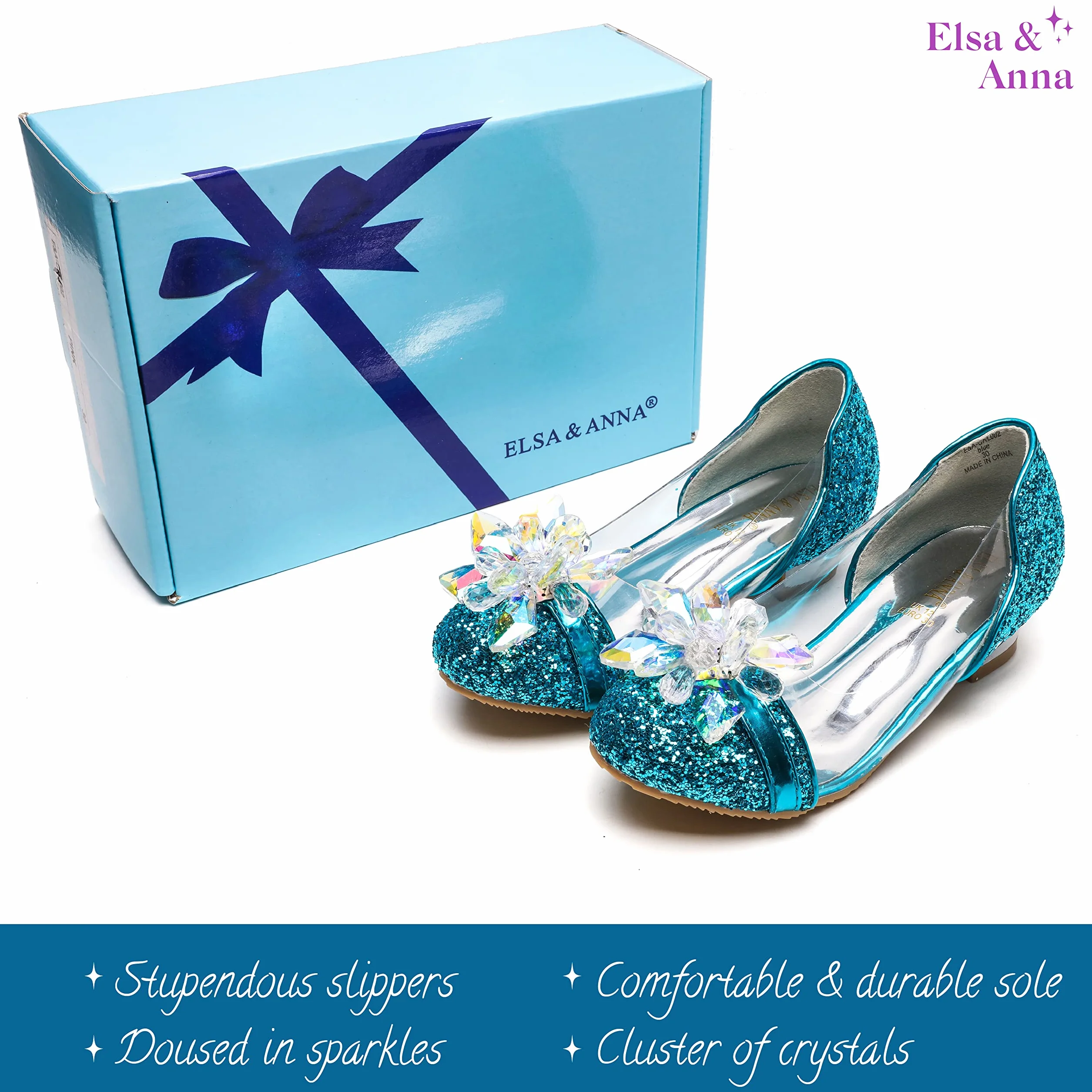 ELSA & ANNA Zapatos de Princesa niña - 3 cm tacón - Zapatos de fantasía con Brillos y Cristales - para Fiestas, cumpleaños y Cosplay - Tacones niña Princesa (BLU14)