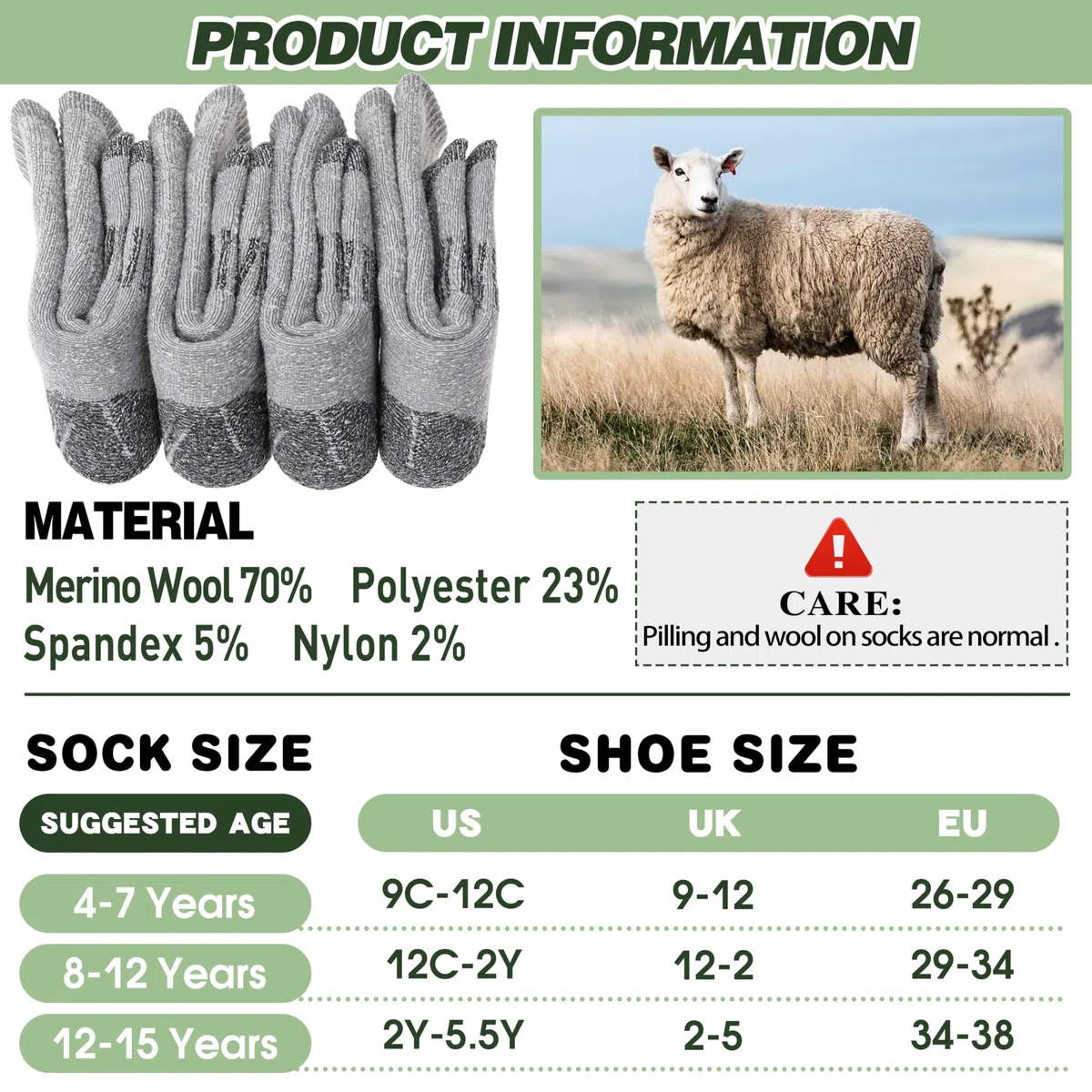 Sandsuced Calcetines de senderismo de lana merino para niños, térmicos de invierno, cálidos y cómodos