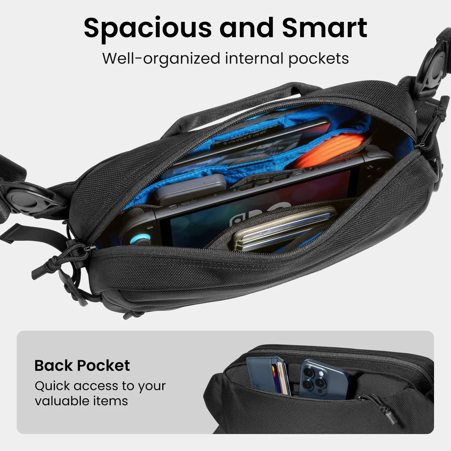 tomtoc 5,5L Bolso Bandolera Sling Bag con Switch 2 (2025), Bolso de Hombro para Hombre, Bolso cruzado de Viaje Compatible con iPad mini/Steam Deck OLED/DJI Osmo Mobile 6/Pocket 3, Impermeable, Negro