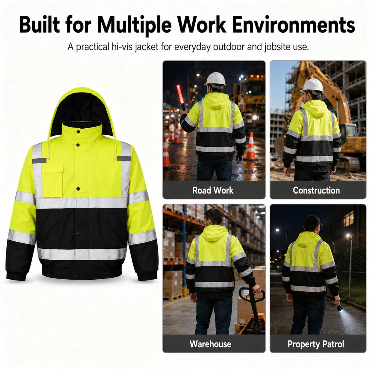 Chaqueta Alta Visibilidad Invierno Hombre, Chaqueta De Trabajo Reflectante | Forro Grueso De Algodón, Cuello Alto Cortavientos, Diseño Con Capucha, Cierre De Cremallera Suave(S)