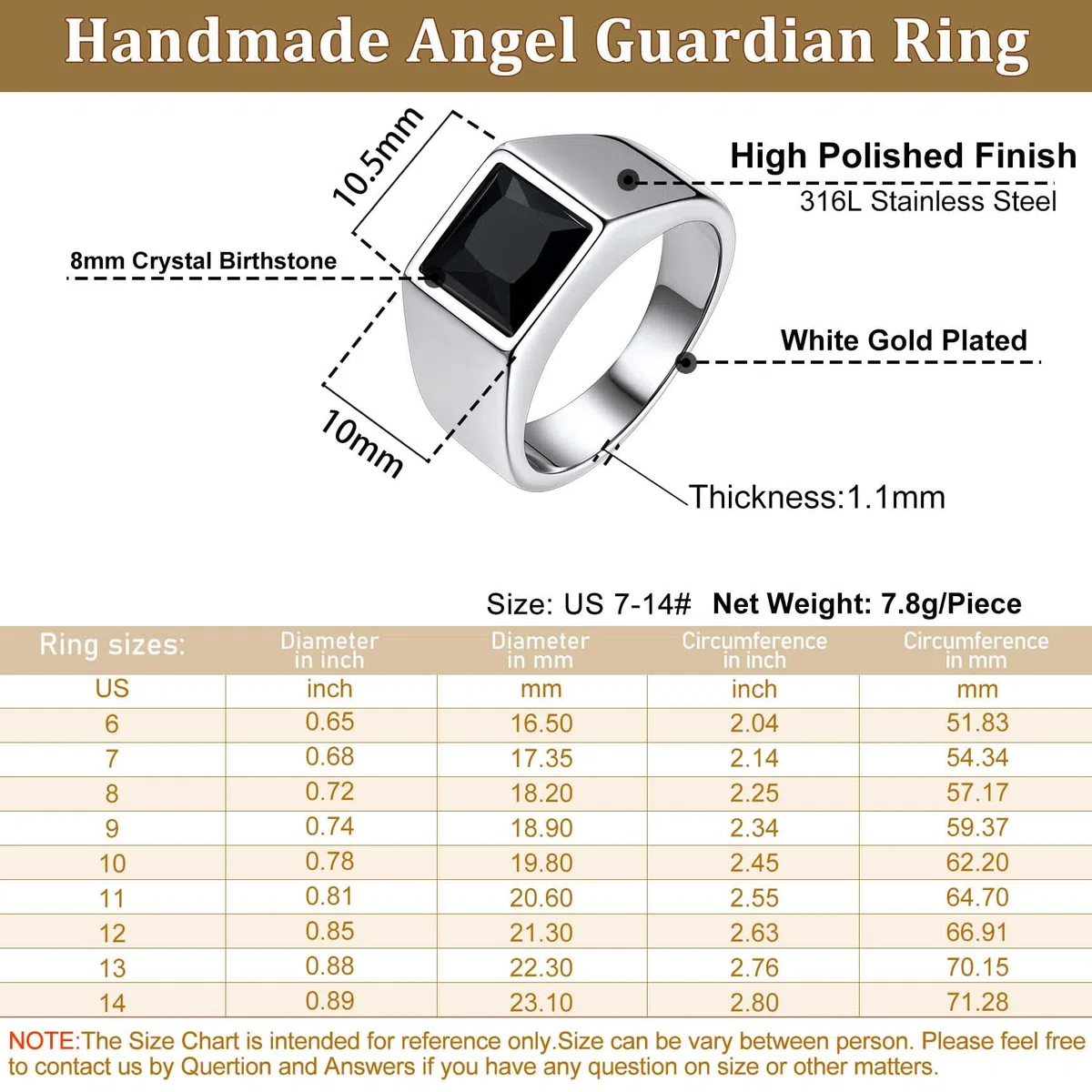 Bestyle Anillo de Sello Cuadrado Hombre Ancho 8mm Piedra Negro/Azul | Acero Inoxidable Personalizados Anillos para Mujer Hombre Tamaño 14.5-32.5