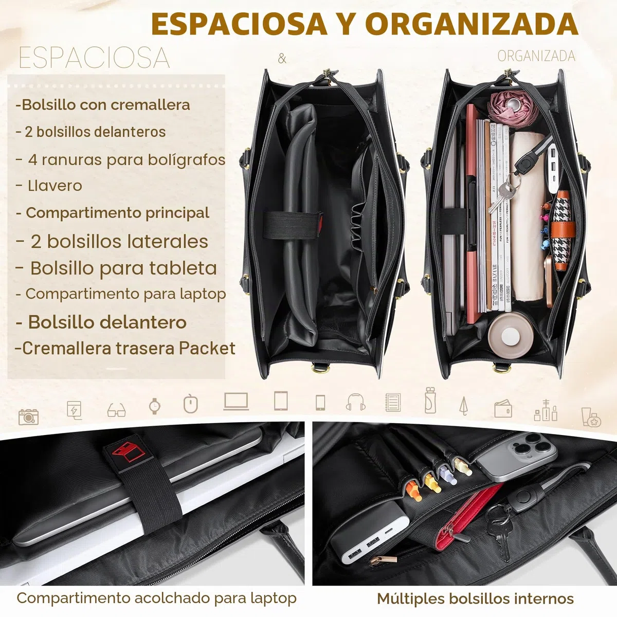 RAINSMORE Bolso Universidad Mujer Bolso Mujer Grande con Clutch Impermeable Ordenador Portatil 15.6 Pulgadas Bolsa Trabajo Shopper Oficina Negro
