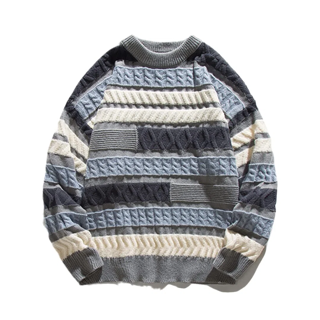 Suéter suelto de pareja geométrica a rayas Harajuku estilo callejero casual para hombre, azul, M