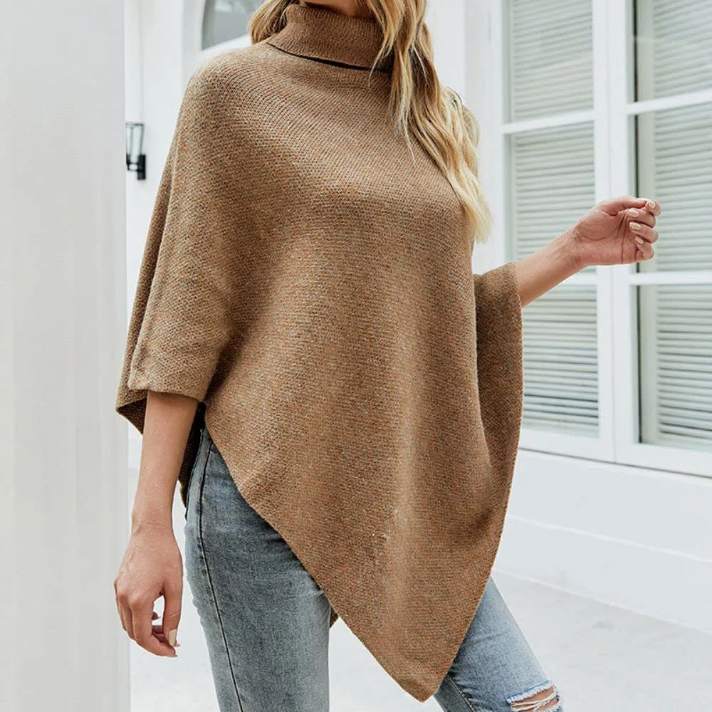 JFAN Poncho para Mujer Elegante Capa de Cuello Alto Jersey de Punto con Cuatro Botones Otoño/Invierno