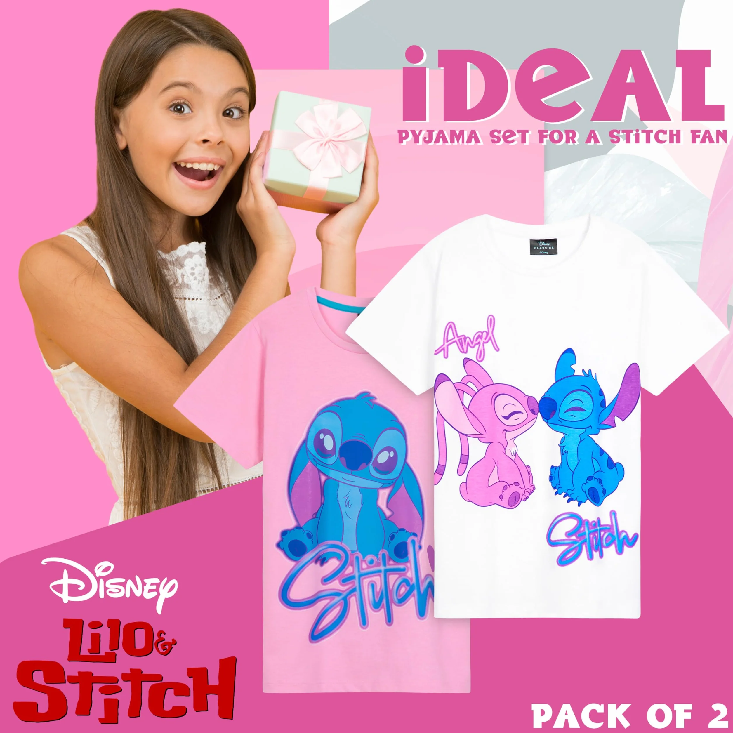 Disney Stitch Pijama Corto Niña, Conjunto Verano Camiseta Manga Corta y Pantalón, Pack de 1 o 2 Pijamas, Regalo para Niña