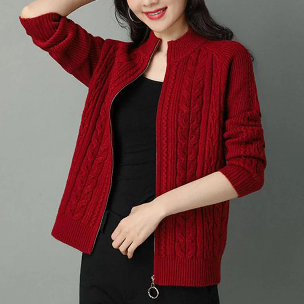 Chaqueta Tipo Cárdigan De Punto con Cremallera Y Cuello Alto para Mujer, Cárdigans De Manga Larga, Suéter Grueso