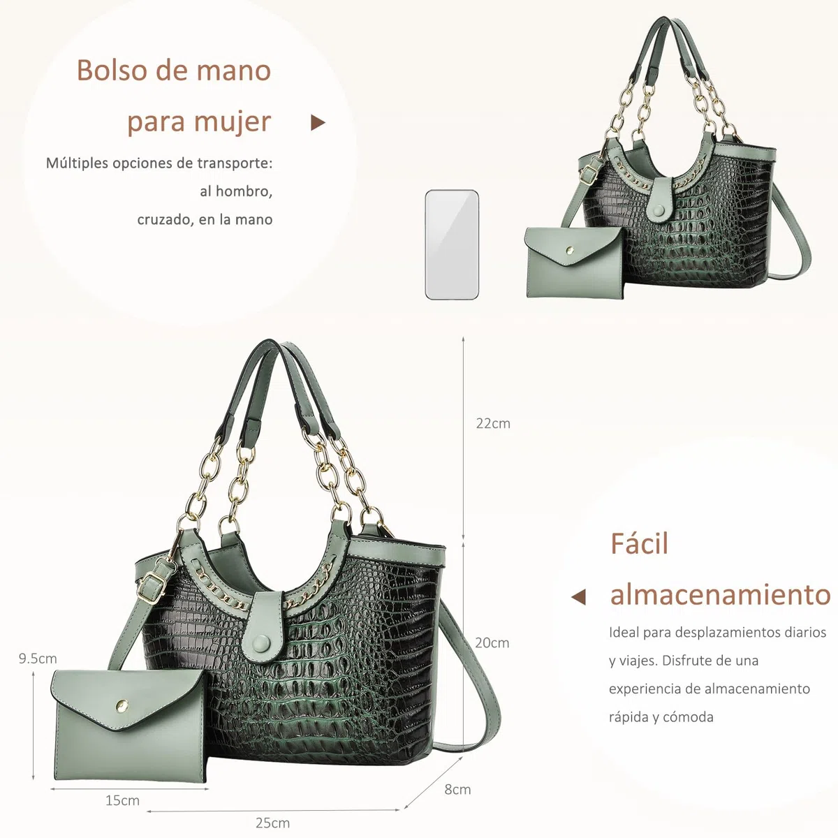 NICOLE & DORIS Set Bolso Mujer Bolsos de Cocodrilo Bolso de Mano con Monedero Bolso Bandolera Cuero PU Bolso de Hombro para Viajes Compras Trabajo Verde