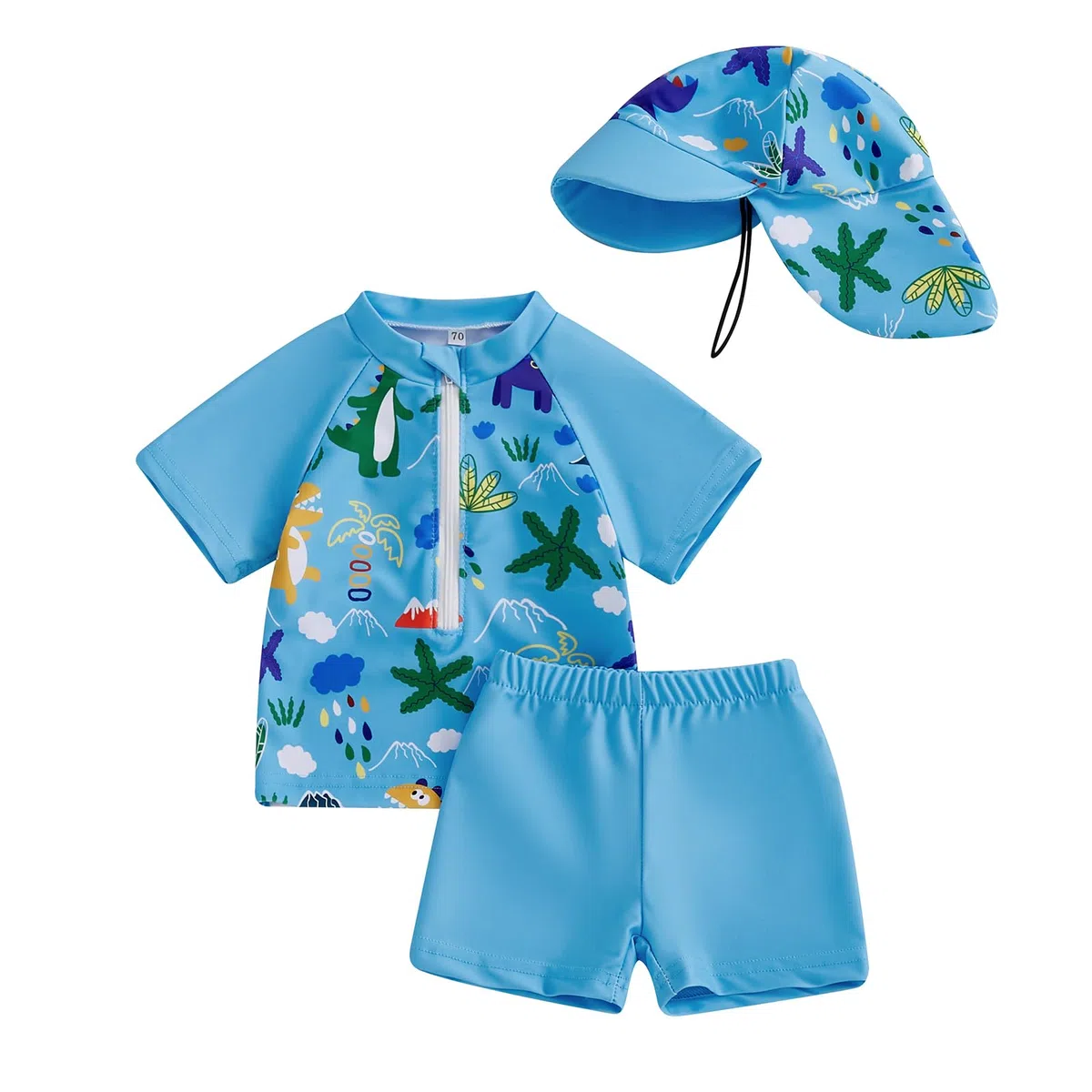 Carolilly - Bañador infantil de 3 piezas, con cremallera estampada de dibujos animados de manga corta + bragas de baño + sombrero anti UV (0-5 años)