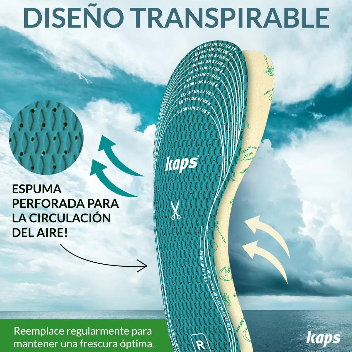 Kaps Plantillas Aloe Vera Ultra-Fresh Hombre y Mujer, Plantillas Zapatos Unisex Tacto Suave Transpirables y Antideslizantes - Para Cortar a Medida con Tecnología Antiolor - 6 Pares