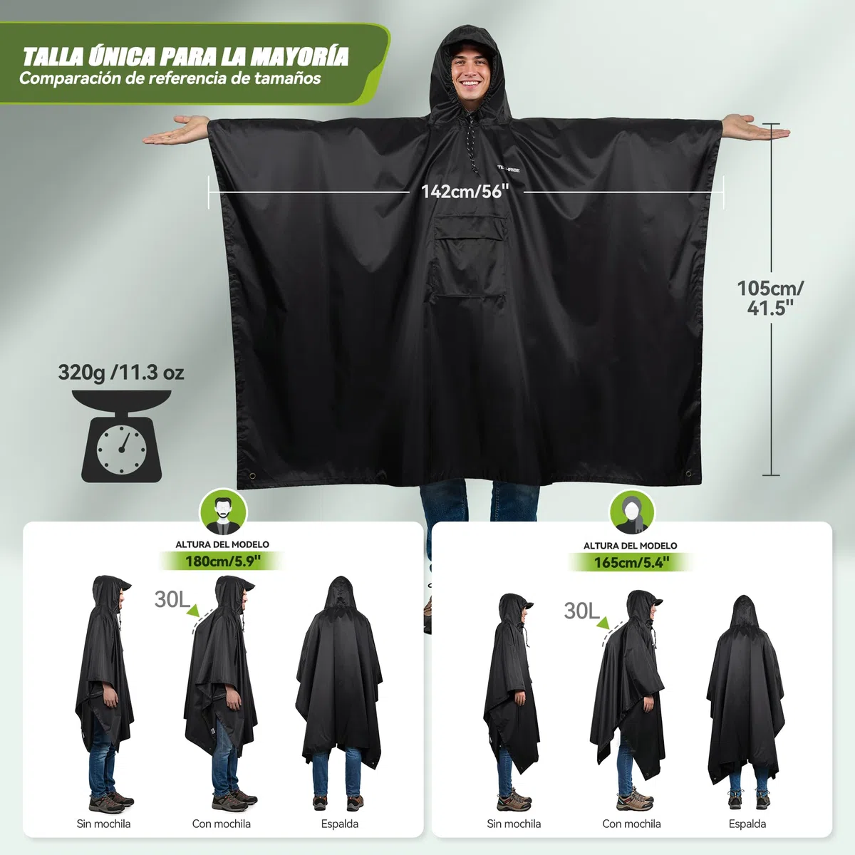 TechRise Chubasquero Poncho Impermeable, Ultraligero y Compacto, Poncho Unisex en Eva con Capucha, Multifuncional Reutilizable para Senderismo, Camping, Pesca, Ciclismo