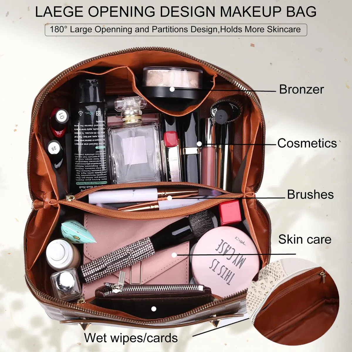 Neceser Maquillaje Grande de PU Cuero - Bolsa de Viaje XXL para Mujer - Organizador de Aseo y Makeup Bag - Accesorios de Viaje (Liso-Marrón)