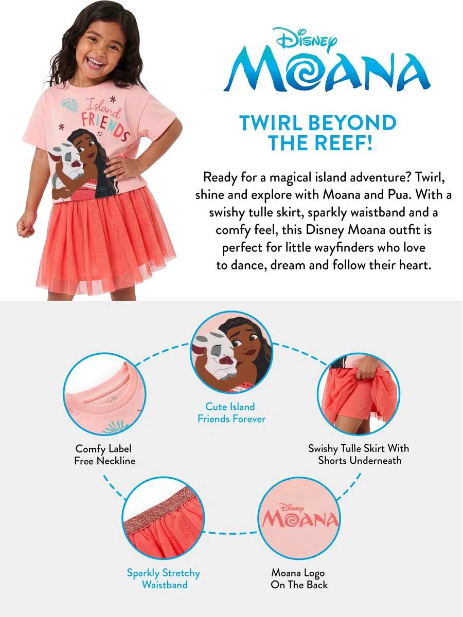 Disney Camiseta Niña Moana Con Pua, Conjunto Niña Con Camiseta Y Falda Tutu, Ropa Verano