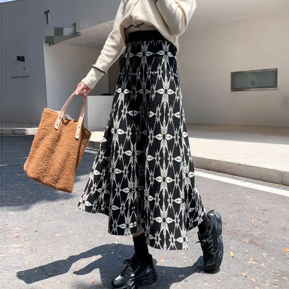 Faldas De Invierno para Mujer, Falda De Talle Alto De Punto Elástico De Flores Vintage Falda De Invierno De Café Acampanada Elegante Faldas Plisadas Midi para M(Black)