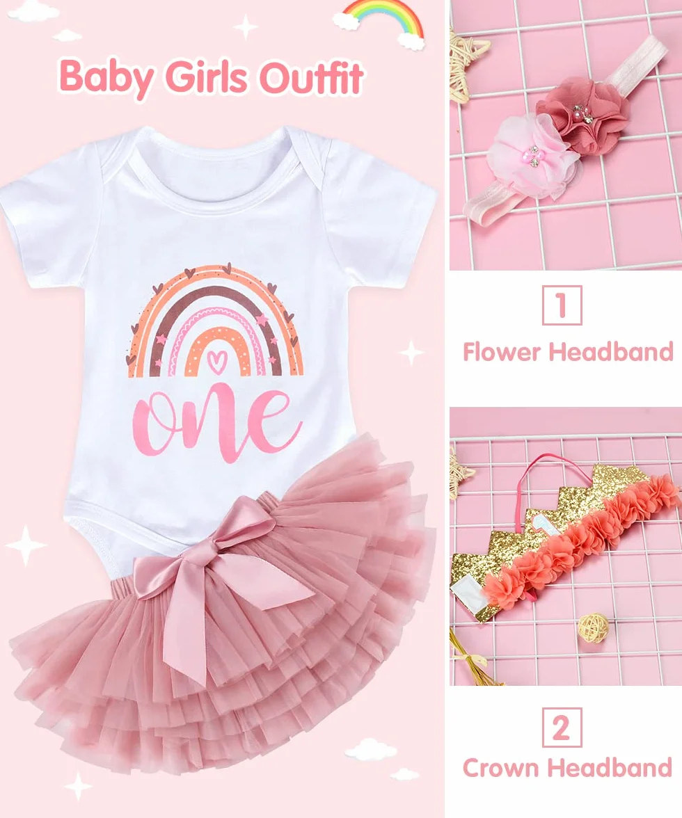 Conjunto Cumpleaños 1 Año Niña, Traje Primer Cumpleaños Bebés, 4 Piezas Set de Ropa Mameluco, Falda de Tutú Rosa, 2 Piezas Bebé Diadema, Bebé Niña Conjunto per la Fiesta, Fotografía