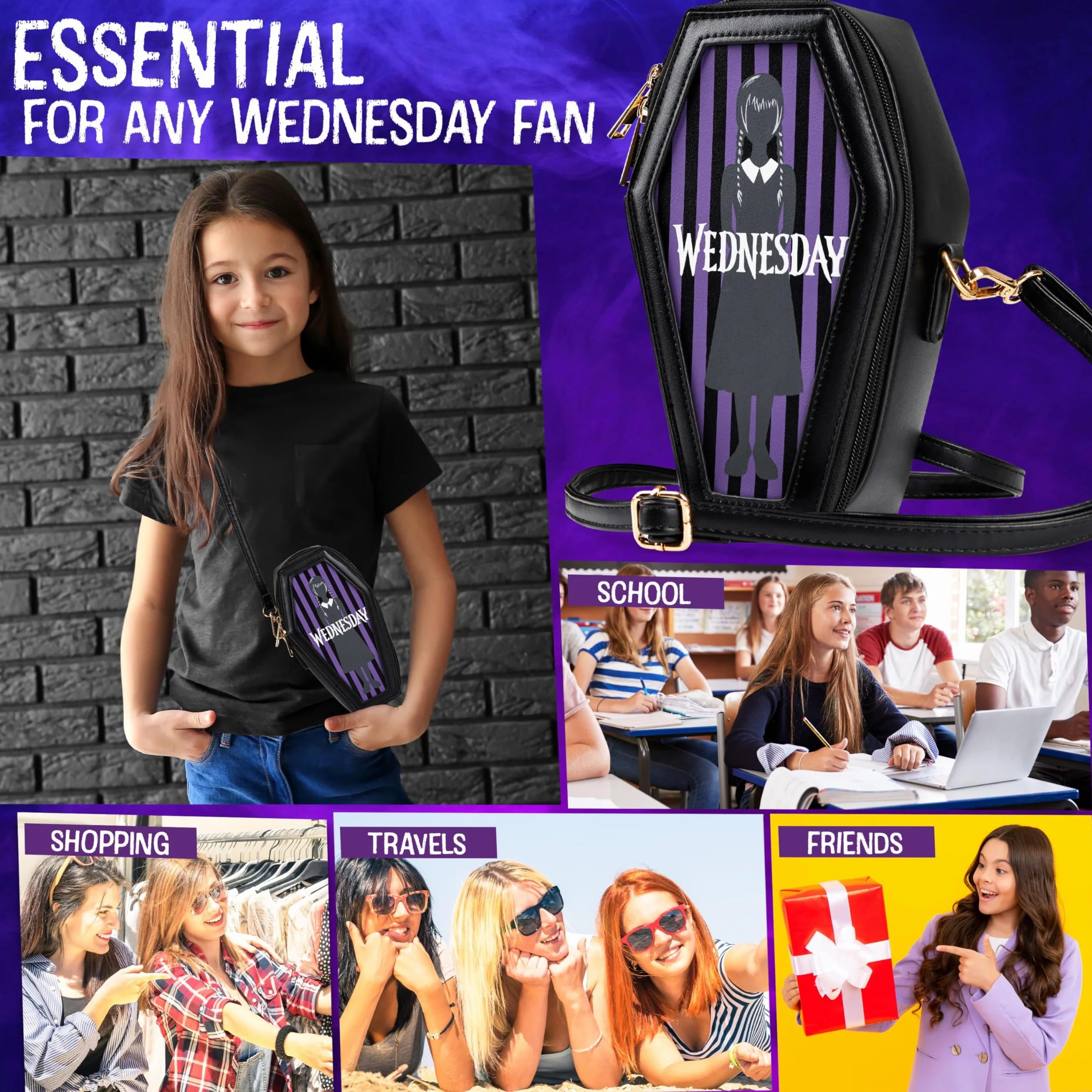 Wednesday Bolso Niña y Adolescente Bolsa Bandolera Gothic Ataúd con Correa Extraíble Viajes Movil Regalos Originales para Niñas