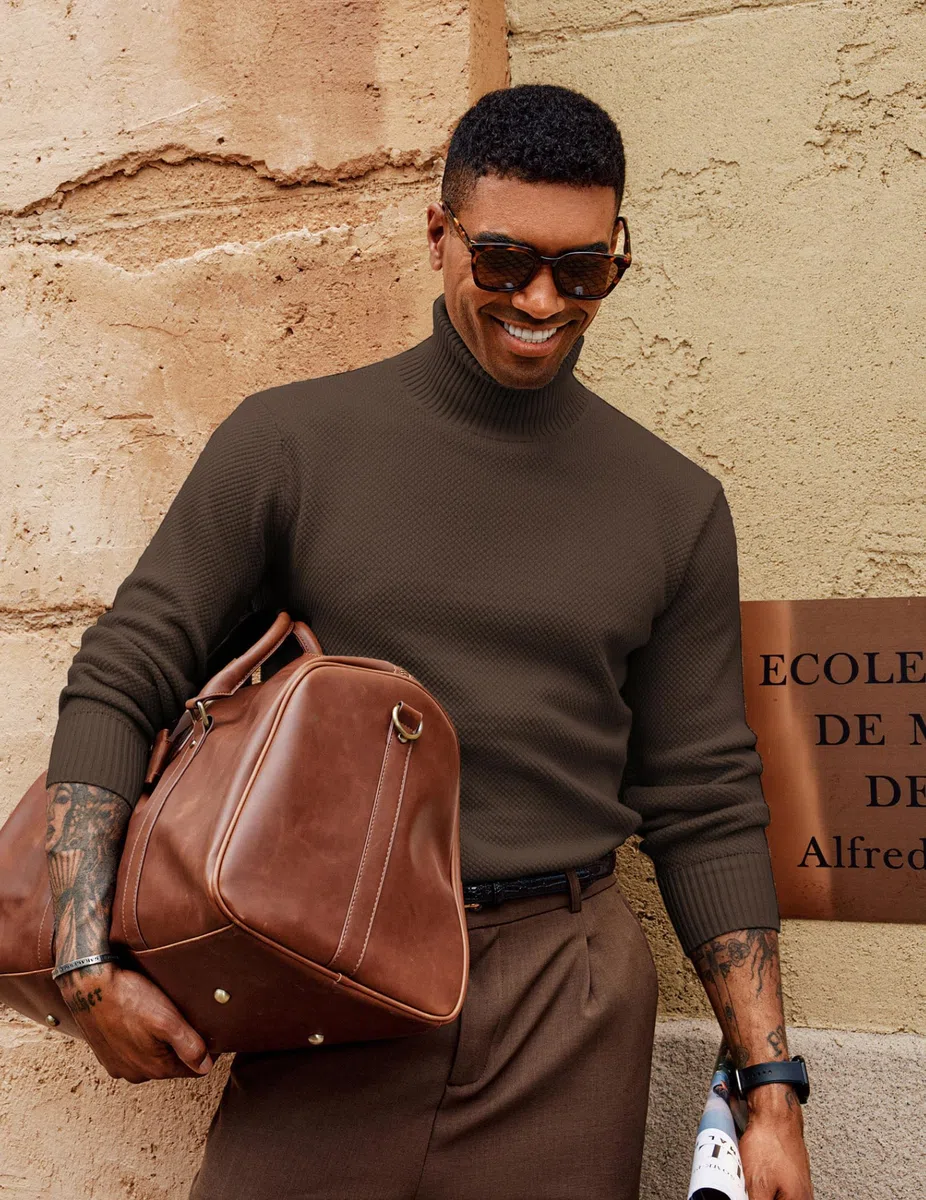 PJ PAUL JONES Suéteres de cuello alto para hombre, de manga larga, cuello alto falso, suéter de punto acanalado