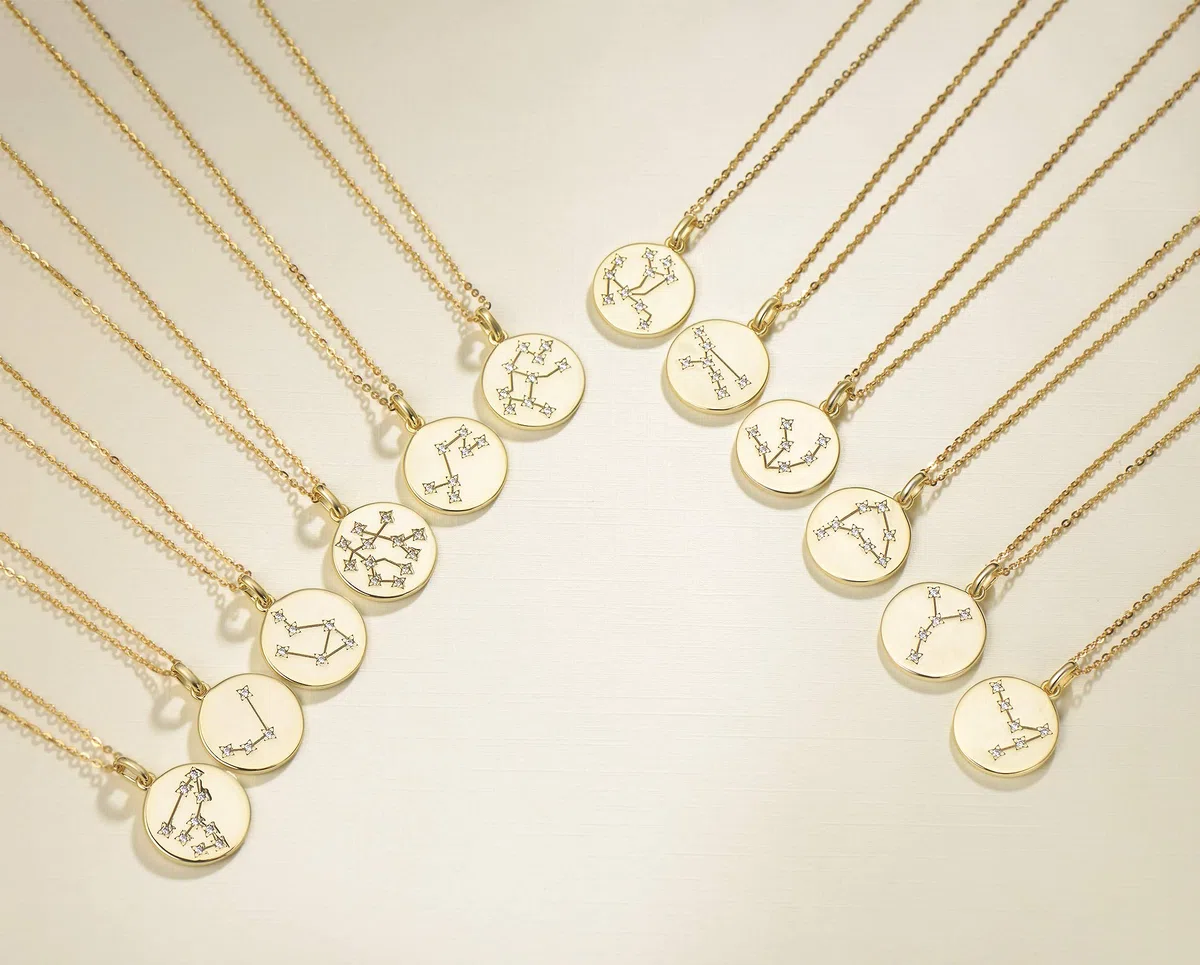 FANCIME Collar con Colgante de Signos del Zodiaco Constelaciones Horoscopo Collar para Mujer de Plata de Ley 925 Chapada Oro Amarillo y Circonita Cúbica - Longitud Cadena: 40 + 5 cm