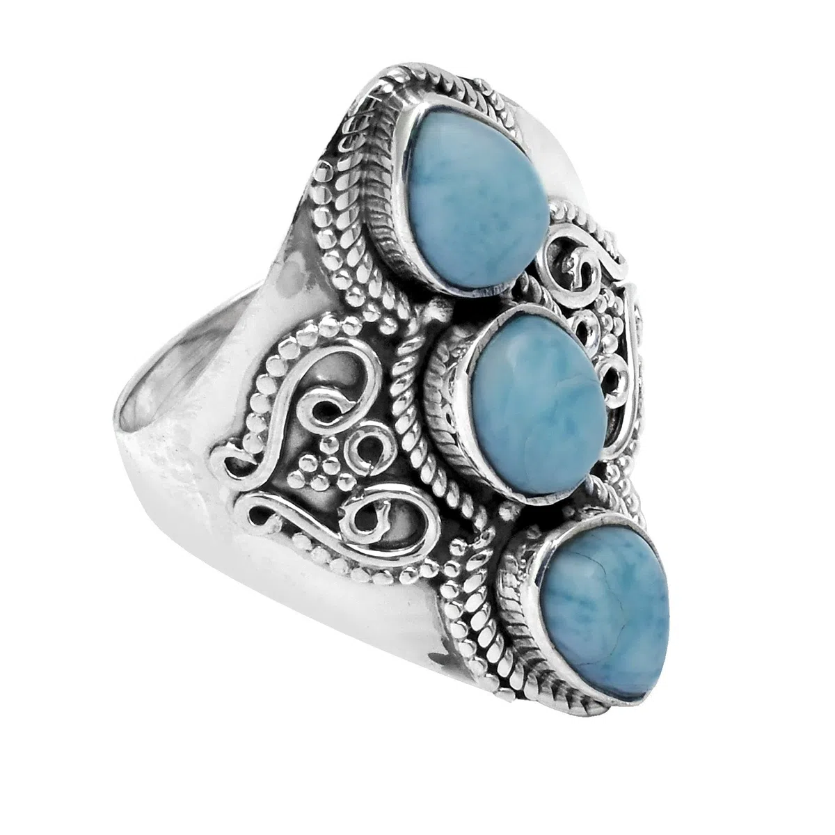 Anillo de plata de ley 925 con tres piedras de larimar natural para mujeres y niñas