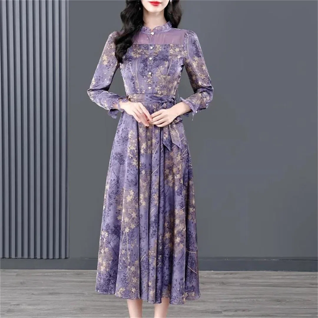 Vestido vintage de seda con estampado floral para mujer, manga larga, cuello alto falso, para fiesta, vestido midi, gris, S