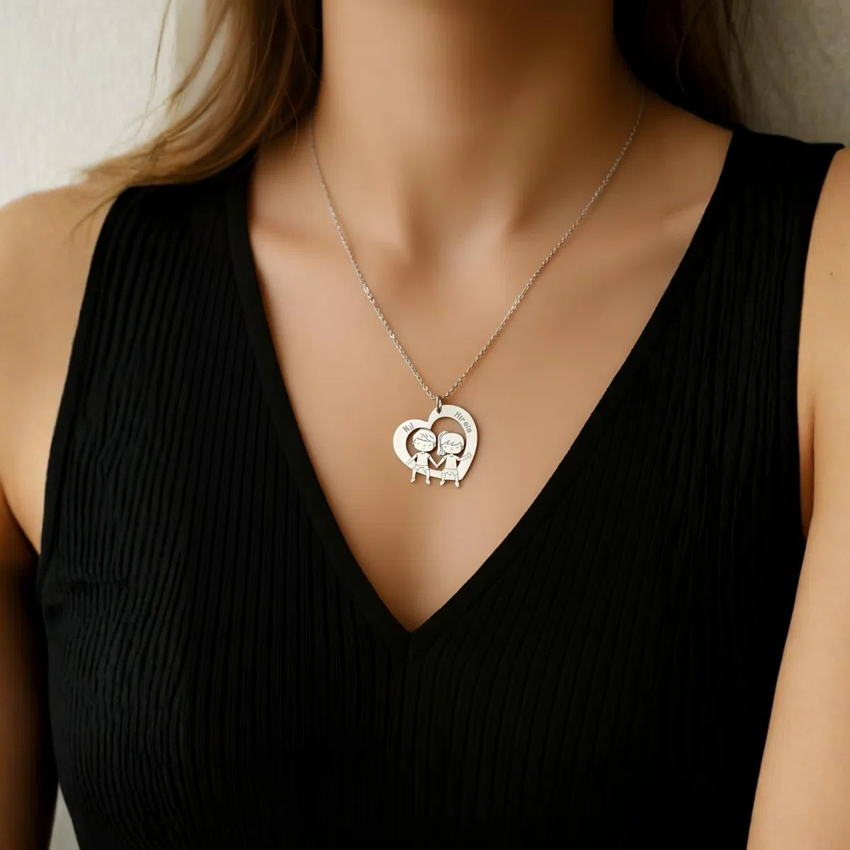 Collar Corazón Personalizado con Niño/Niña en Plata de Ley 925 – Grabado con Nombres – Joyería Personalizada Mamá – Regalo Día de la Madre, Cumpleaños, Aniversario, Familia, Hijos