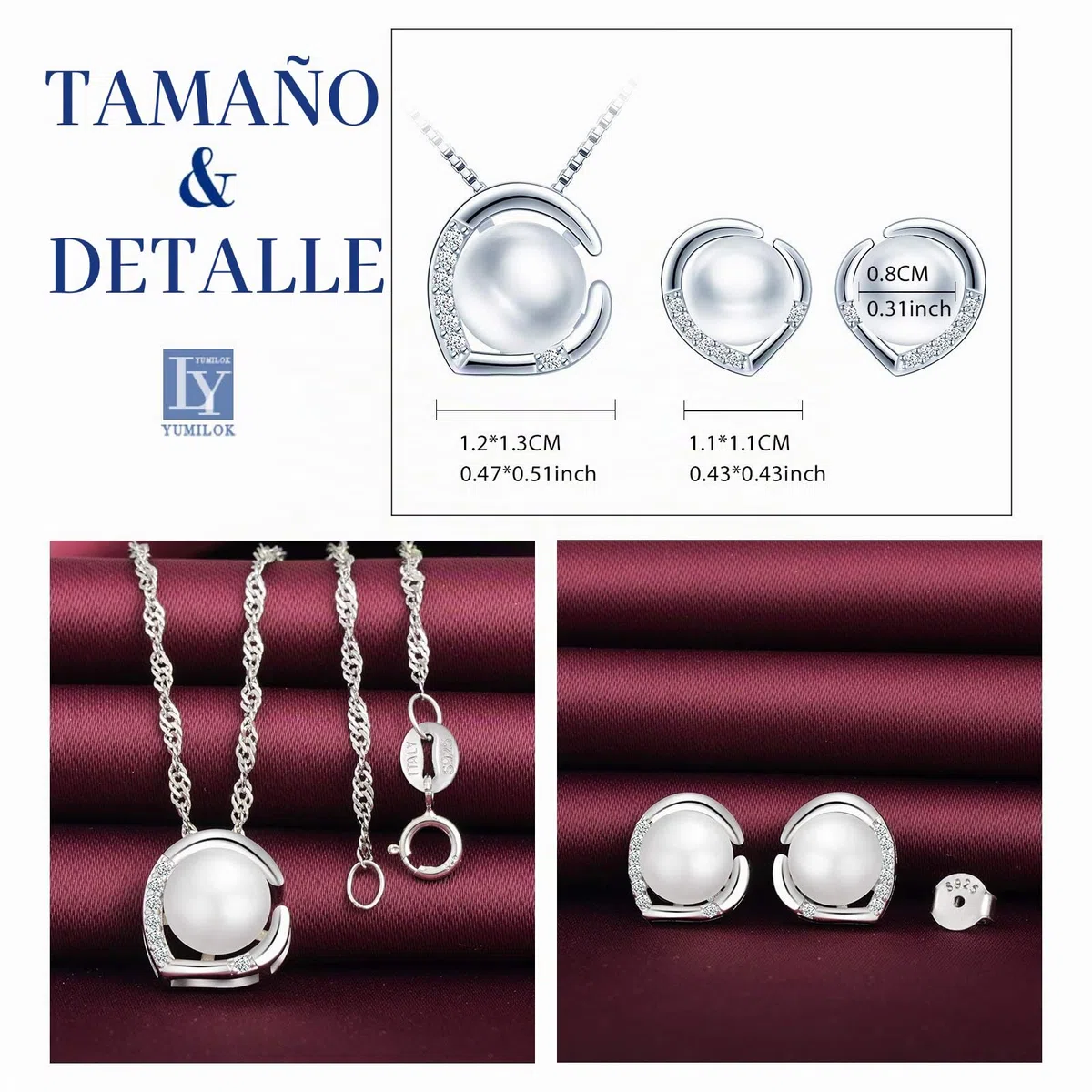 Yumilok Collar de Perlas y Pendientes de Corazón, Plata 925, Mujer, Niña, Pendientes de Perlas circonita con Incrustaciones