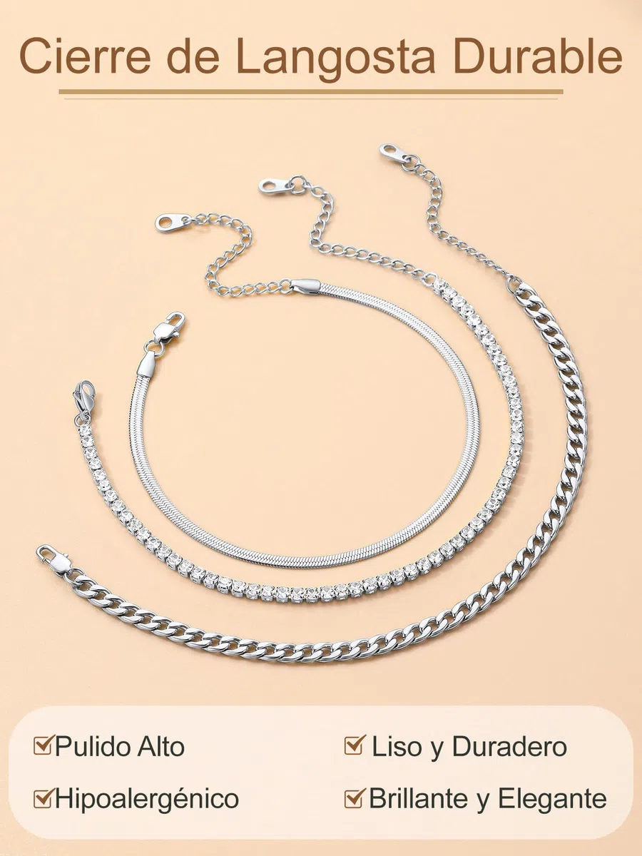 FindChic Tobillera Pulsera Mujer de Acero Inoxidable con Circonitas Blancos/Negros multicadena de pie para verano y playa,ajustable 18/22+5cm