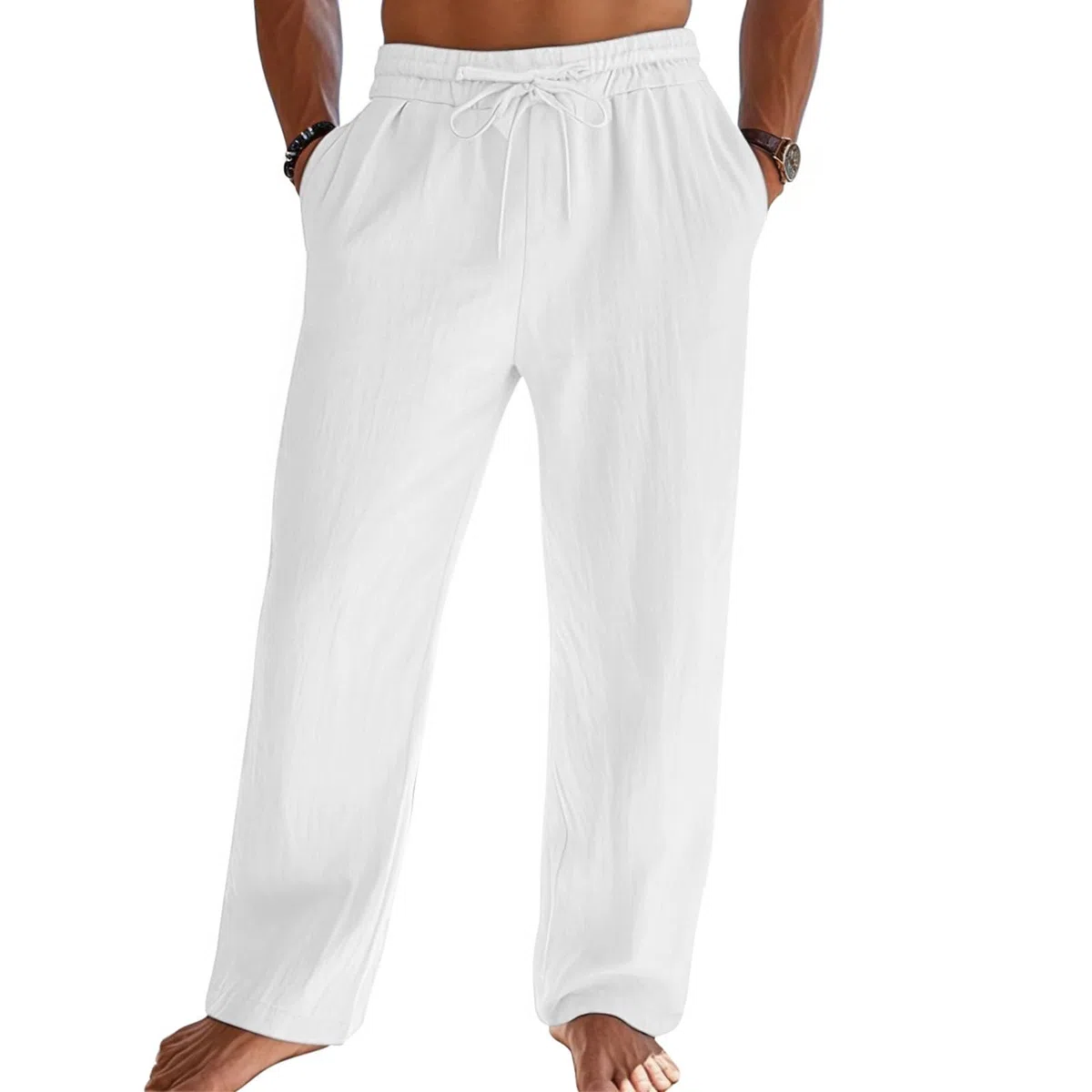 Litthing Pantalones de lino de algodón para hombre, pantalones casuales de verano, ajuste holgado, cintura elástica, pantalones con cordón, pantalones ligeros con bolsillos laterales y traseros para