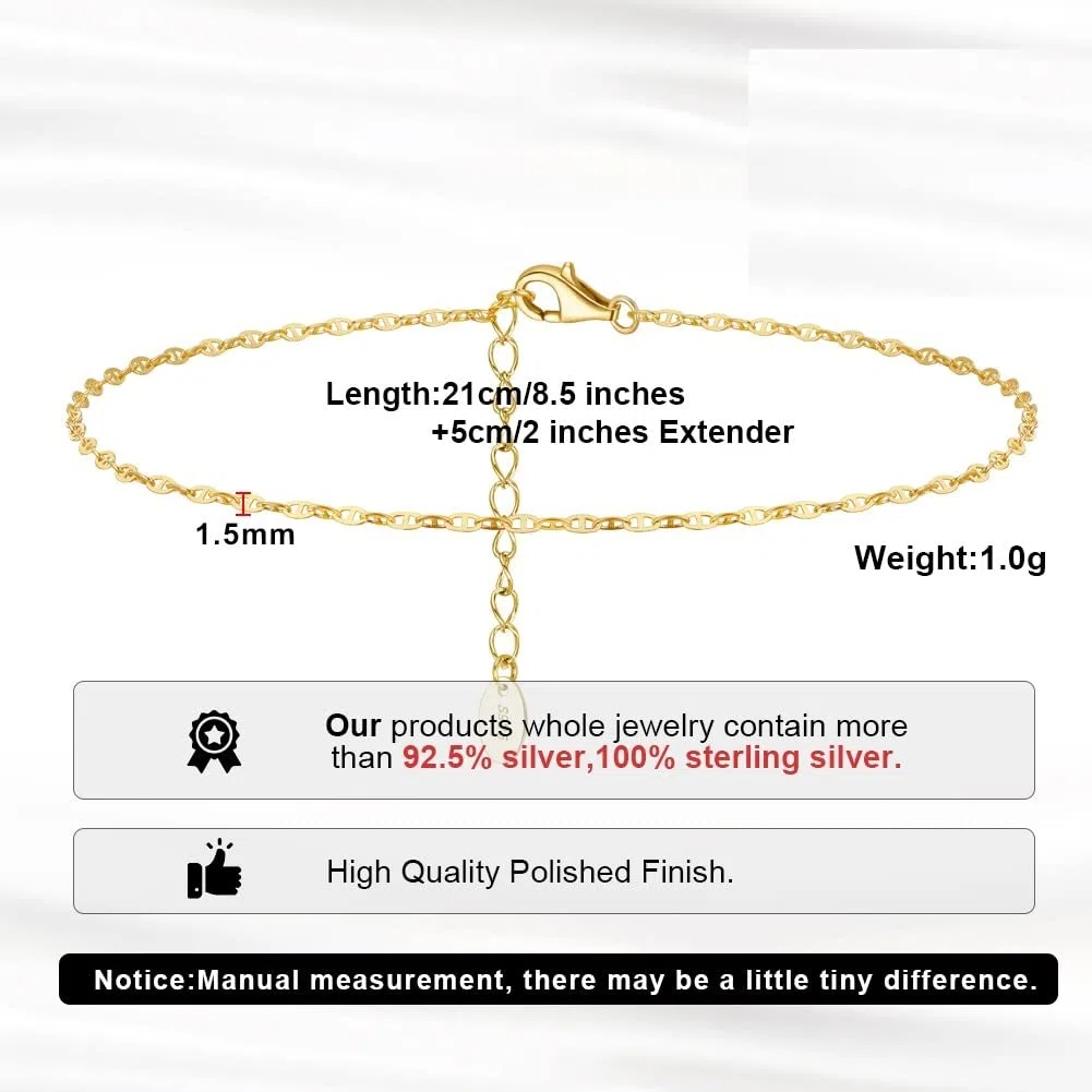 Pulsera de pie, cadenas for el tobillo, 2 piezas / juego 925 Cadena de eslabones de marinero de plata esterlina Tobilleras con clip de papel de tenis for mujeres Correas de cadena de pie de verano Joy