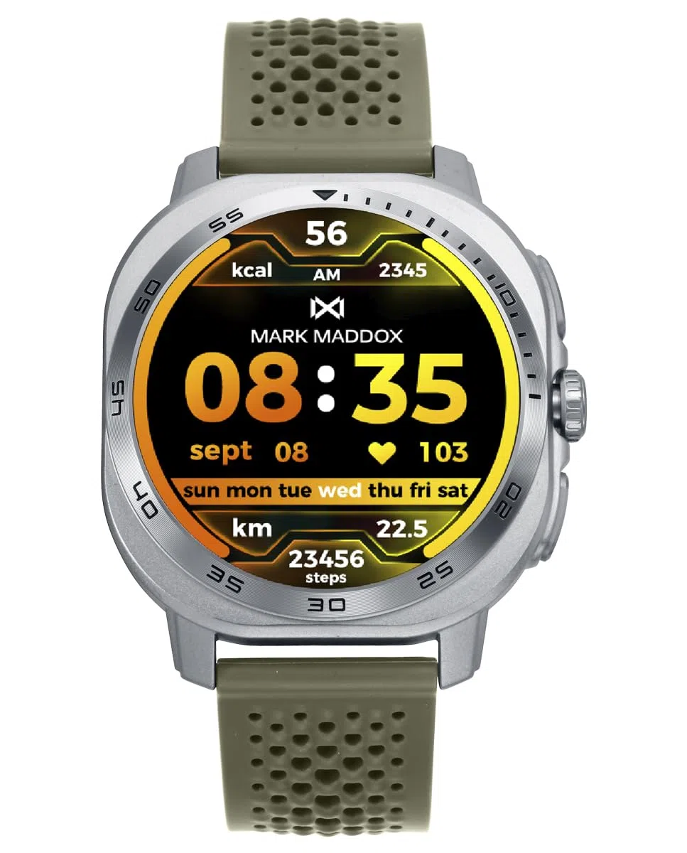 Mark Maddox Smart HS2008-80 – Smartwatch Unisex Verde Militar, Correa de Goma Transpirable con Hebilla, GPS en App, Llamadas Desde el Reloj, Control de Estrés y Ritmo Cardíaco, Colección Smart Now