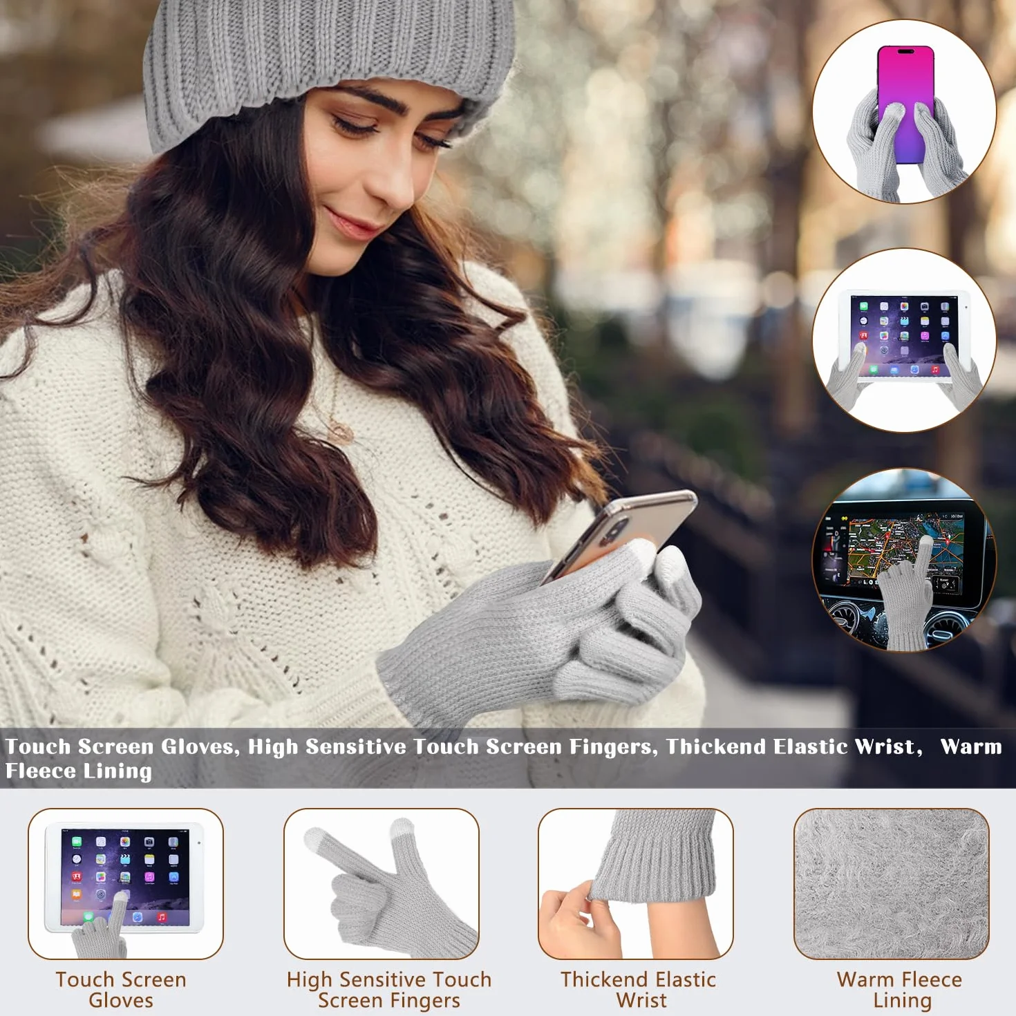 Gorro Bufanda De Punto Guantes Invierno Set, 4pcs Conjunto Esqui Mujer con Guantes Pantalla Táctil y Calcetines Térmicos, Conjunto Gorro Calavera para Mujer Deportes Aire Libre
