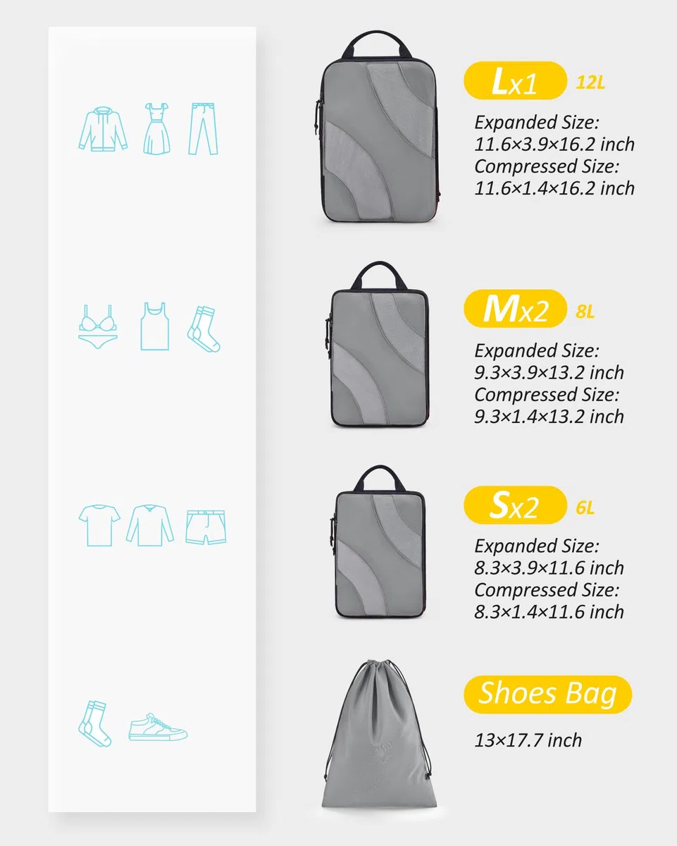 Cubo de embalaje de compresión para viajes, BAGSMART 6 Set de cubos de embalaje de viaje para maleta, bolsa organizadora de maleta de compresión, 05-gris, 6 unidades