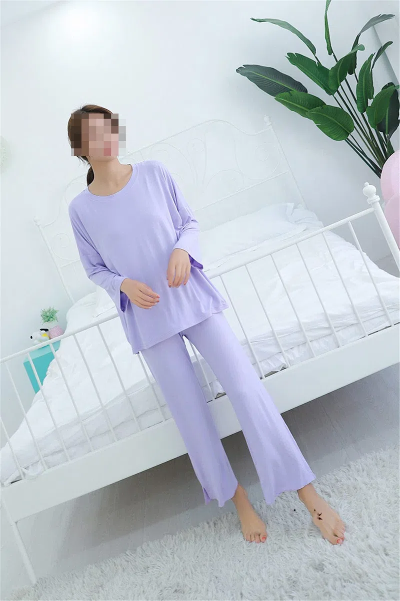 Conjunto de pijama de manga larga de algodón modal cómodo de otoño e invierno para mujer rojo vino L, rojo vino, L