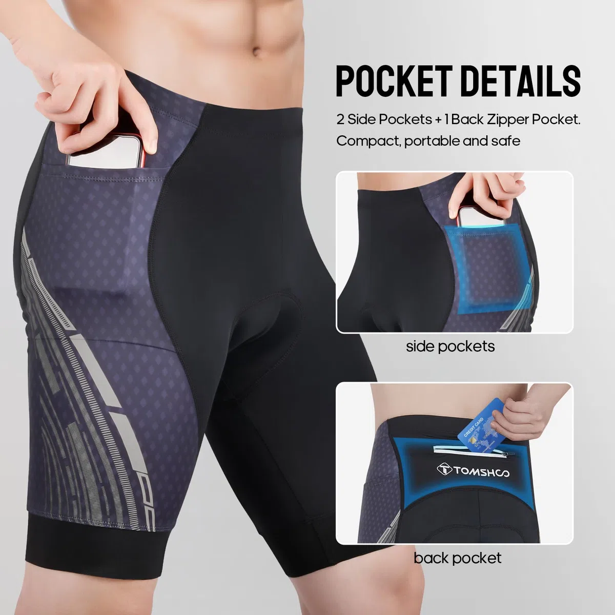 TOMSHOO Pantalones Cortos de Ciclismo para Hombre, Pantalones MTB Hombre 4D Acolchado con Bolsillos Laterales y Traseros, Transpirable Secado Rápido Culotte Ciclismo Bicicleta Corto Hombre
