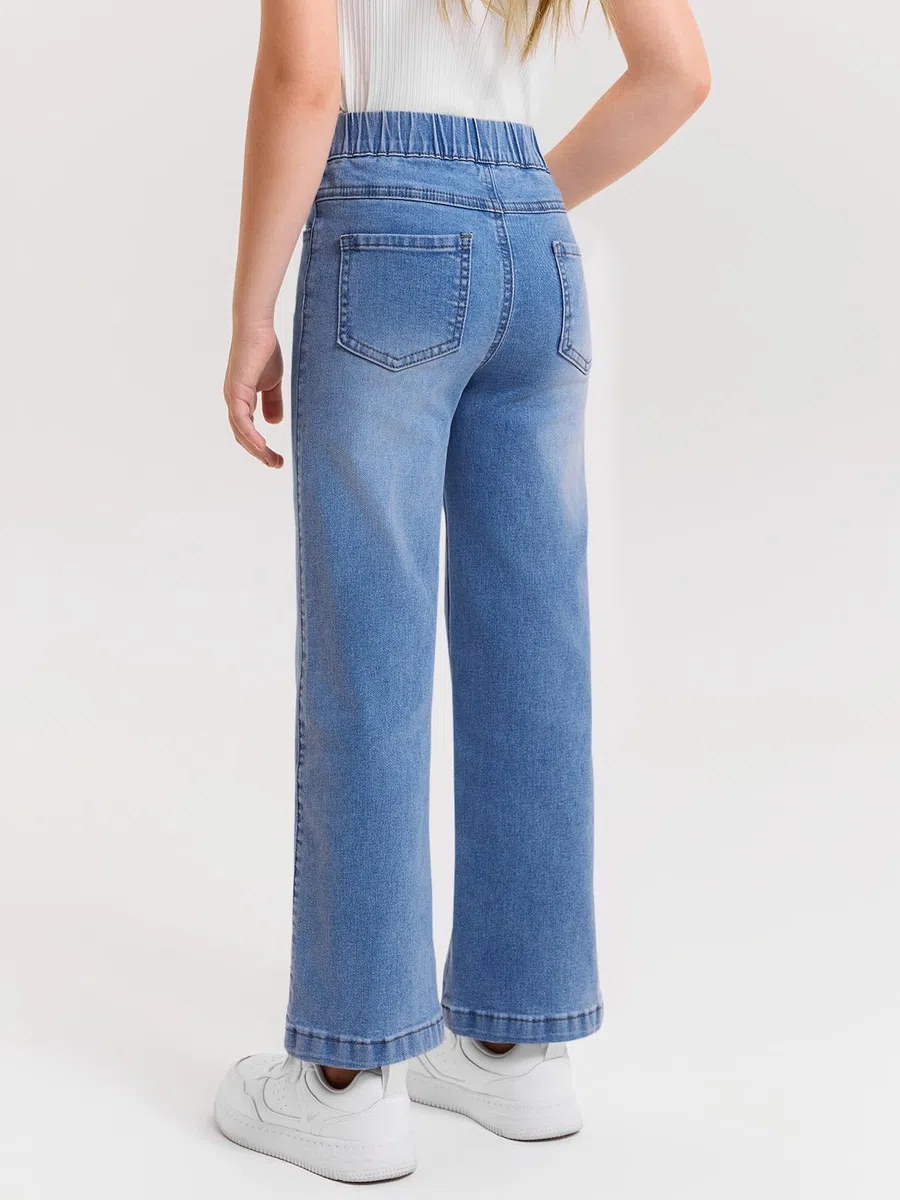 Haloumoning Jeans de pierna ancha para niñas, cintura elástica, pantalones de mezclilla holgados con bolsillos, 5-14 años